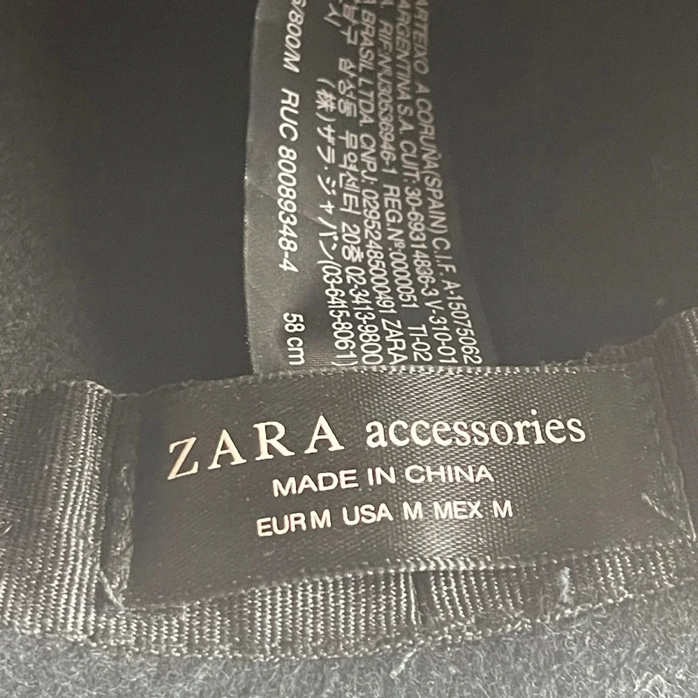 Zara Black‎ Wide Brim Fedora Hat Wool Felt Pinched Crown Buckle Band Size M 58cm